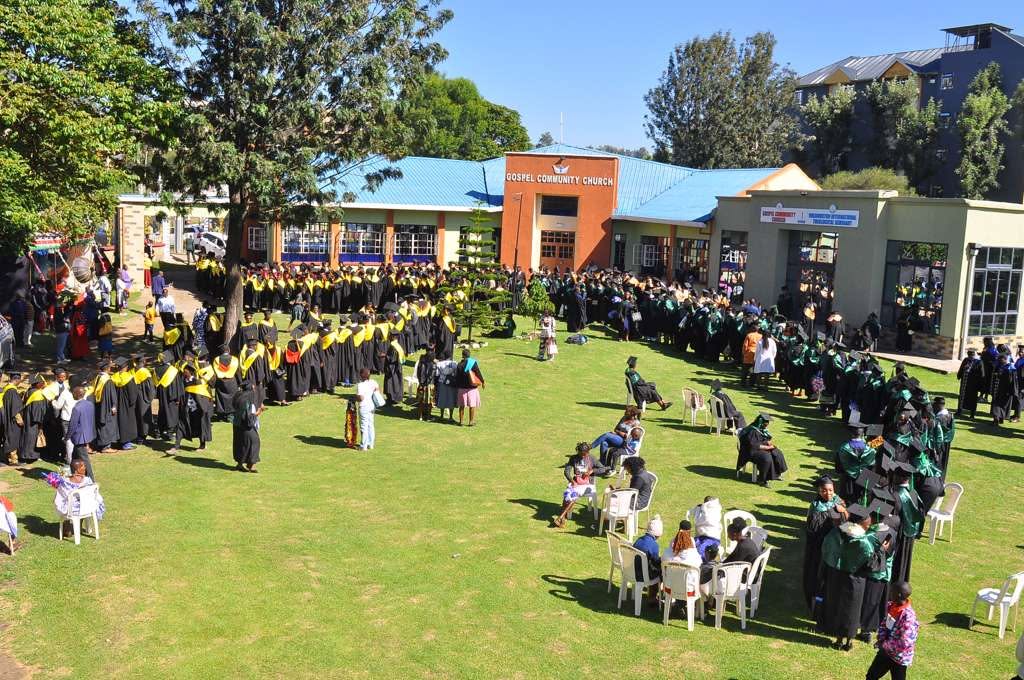 Graduation gathering across the church grounds