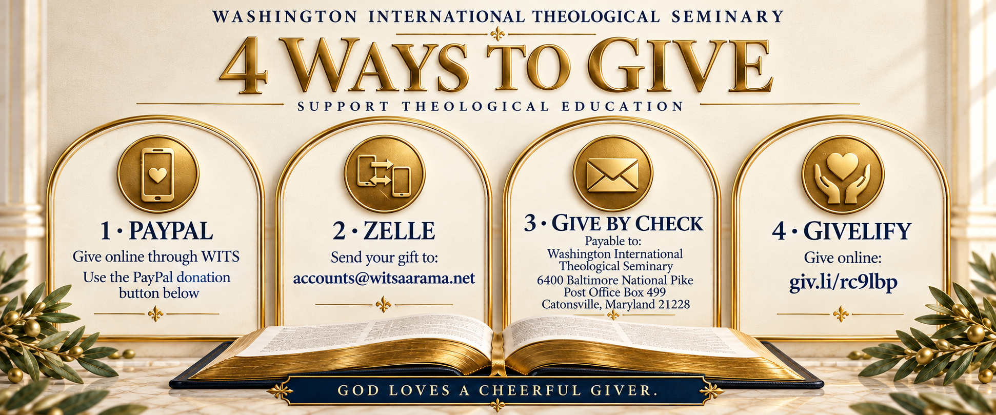 Four ways to give to Washington International Theological Seminary: PayPal, Zelle, by check, or Givelify. Full giving details and donation link follow below.